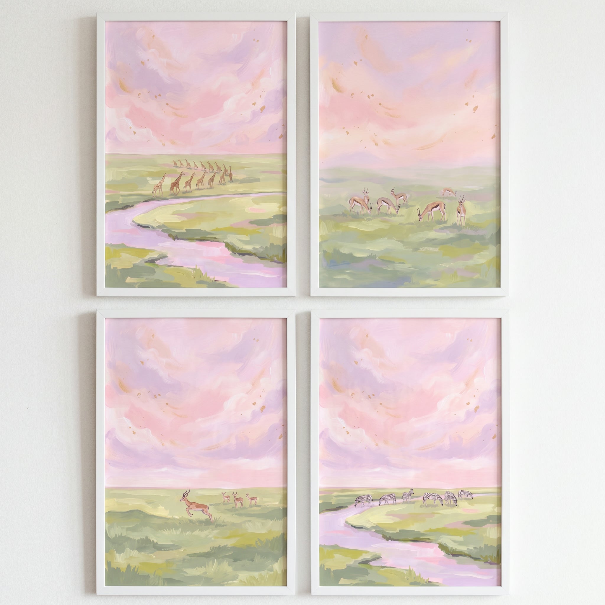 Rose Colored Safari Animals Wall Art Set of 4 - Pastel Plains Life