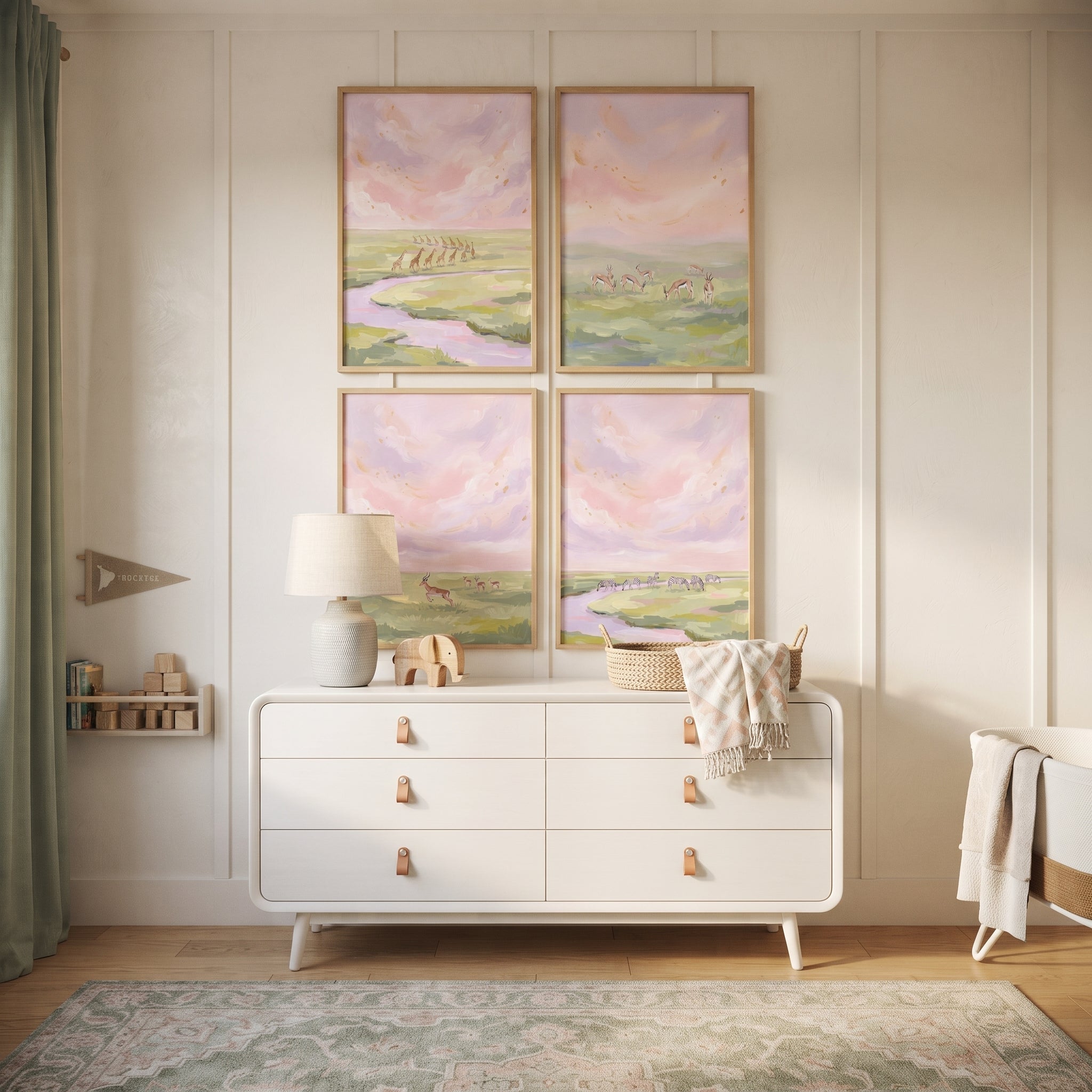 Rose Colored Safari Animals Wall Art Set of 4 - Pastel Plains Life