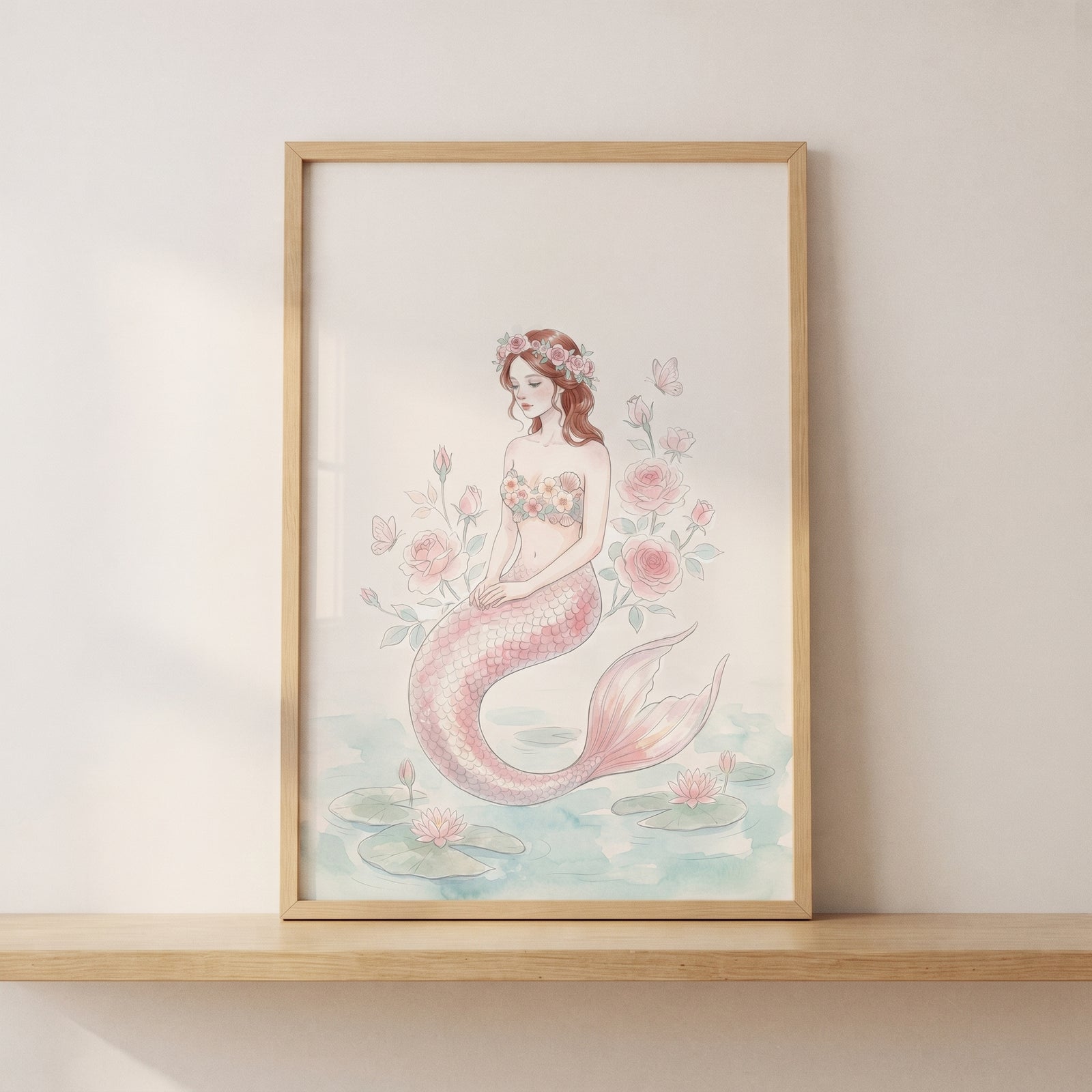 Framed rose crown pink mermaid wall art on a wooden shelf depicts a mermaid with a pink tail, flowers, and lily pads.