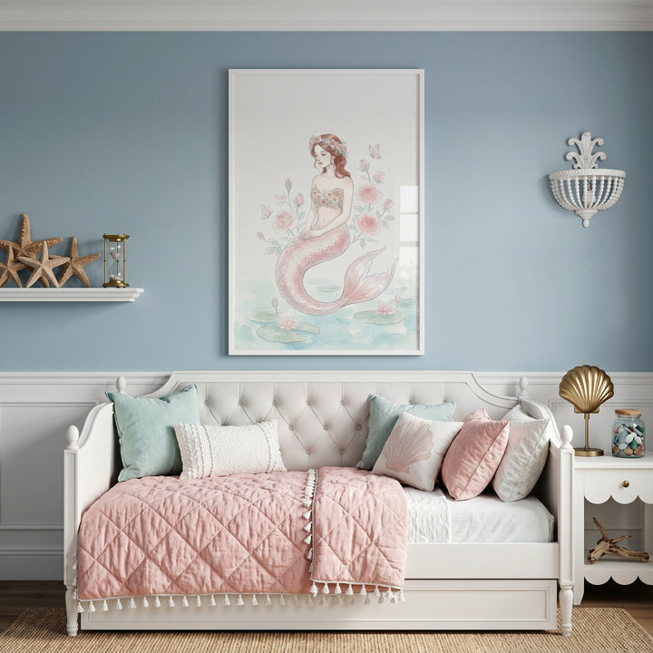Rose crown pink mermaid wall art hangs above a white daybed with pink bedding in a blue room with coastal decor.