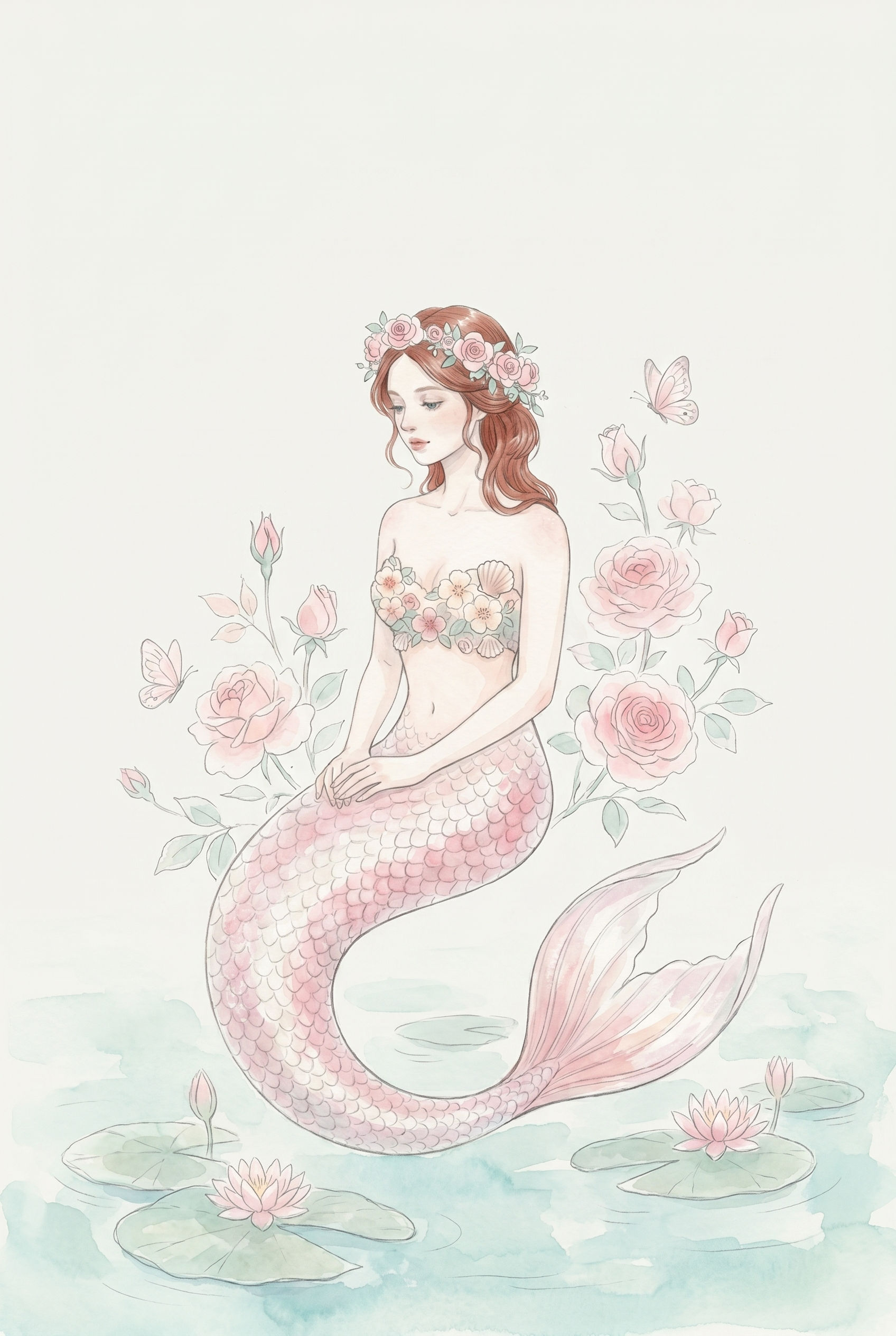 Rose Crown Pink Mermaid Wall Art - Rose Petal Mermaid