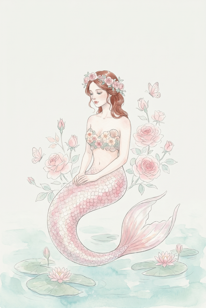 Rose crown pink mermaid wall art depicts a mermaid with pink scales sitting in water with roses and butterflies.