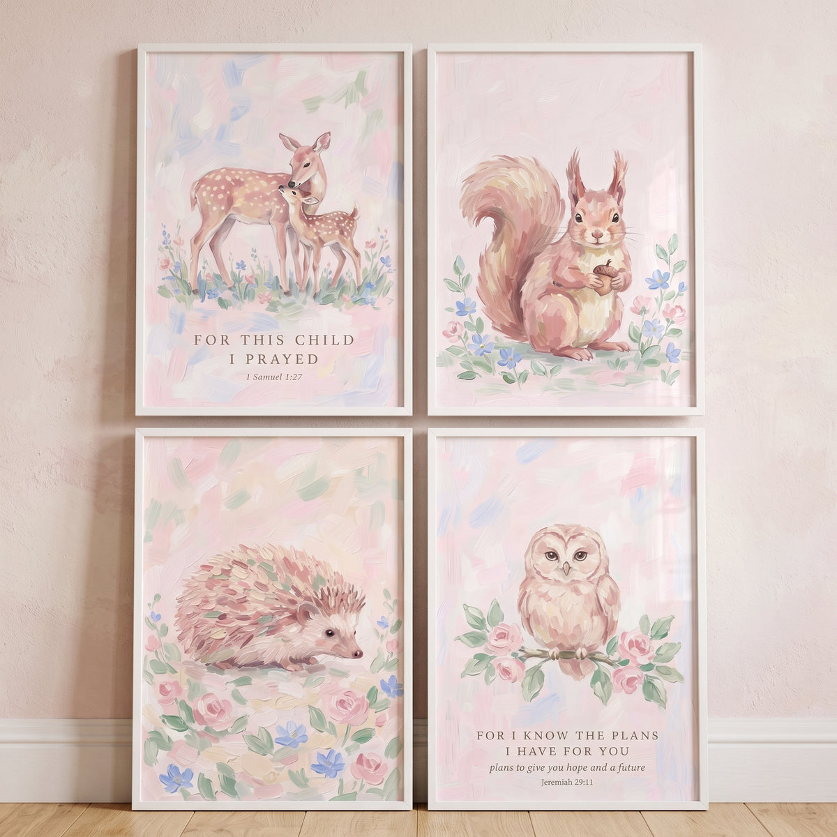 Rose Garden Woodland Animals Wall Art Set of 4 - Soft Forest Verses