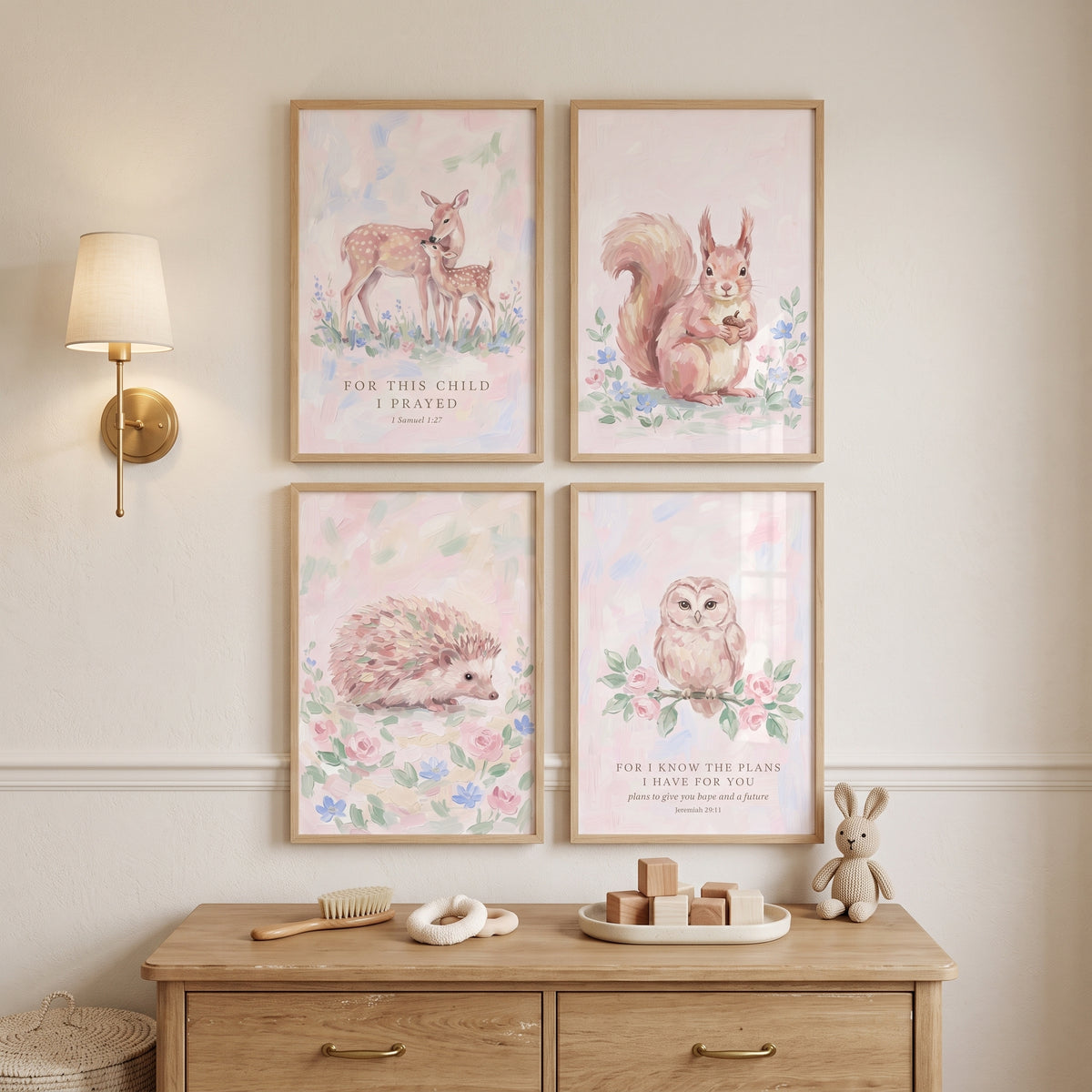 Rose Garden Woodland Animals Wall Art Set of 4 - Soft Forest Verses