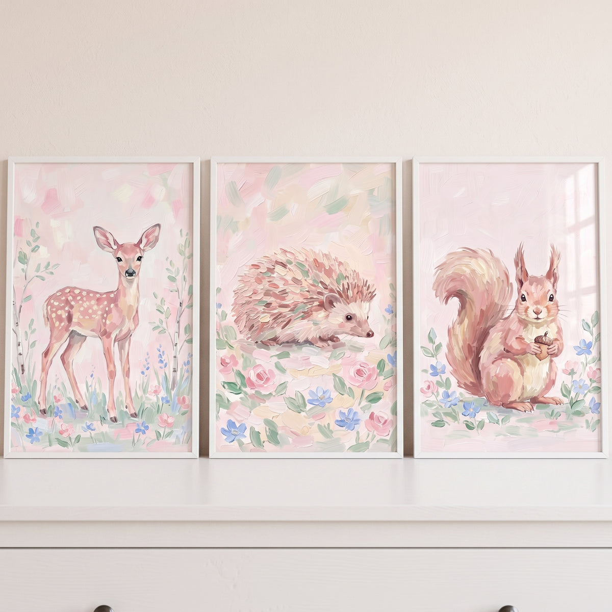 Rose Meadow Forest Animals Artwork Set of 3 - Sweet Meadow Animals