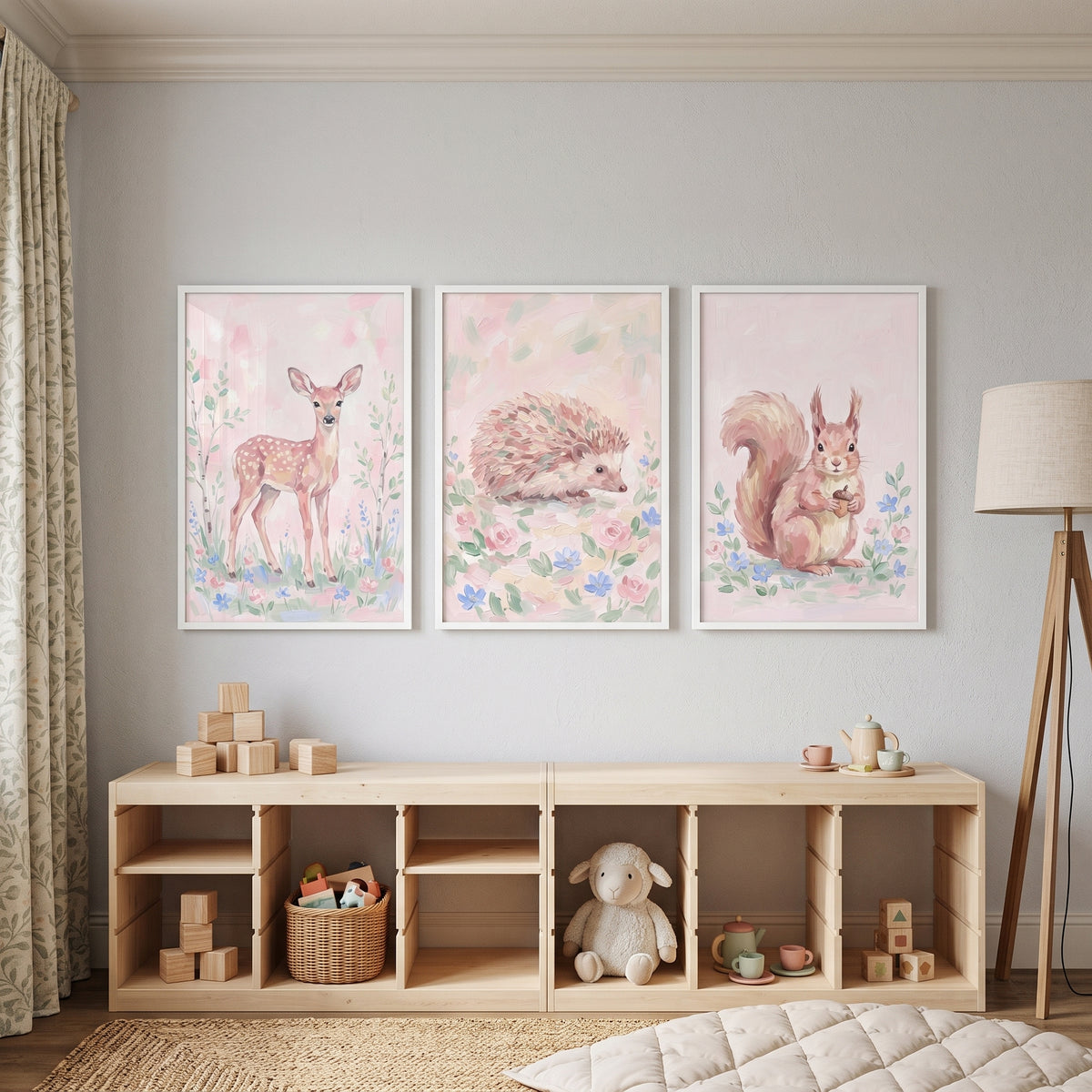 Rose Meadow Forest Animals Artwork Set of 3 - Sweet Meadow Animals