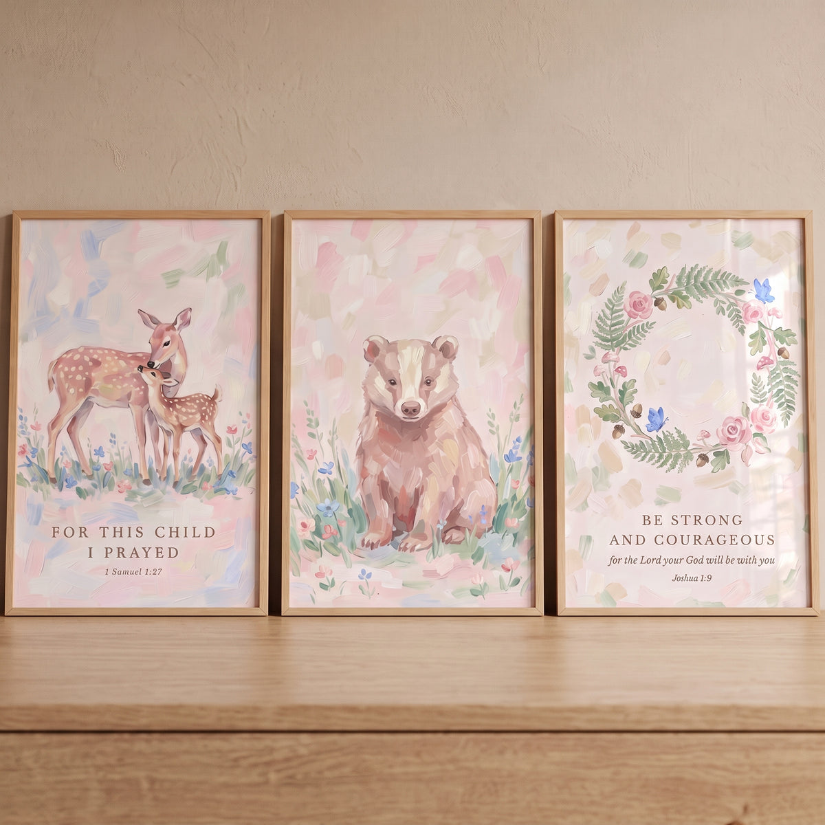 Rose petal forest animals wall art set of 3 featuring a deer, badger, and floral wreath with inspirational bible verses.