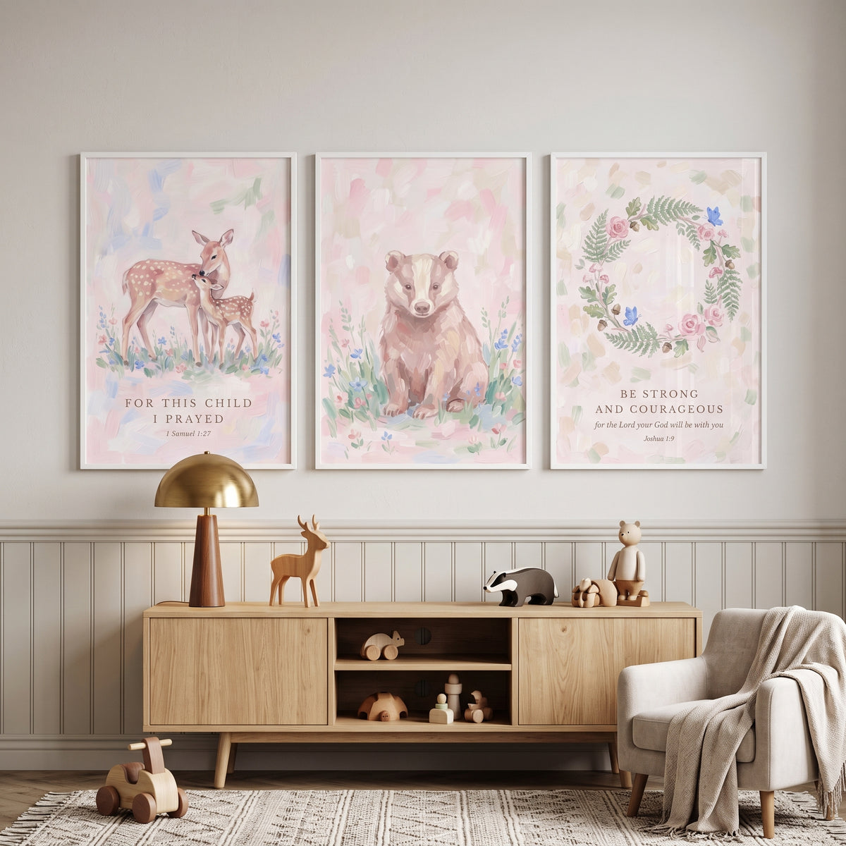 Rose Petal Forest Animals Wall Art Set of 3 - Faithful Woodland Nursery
