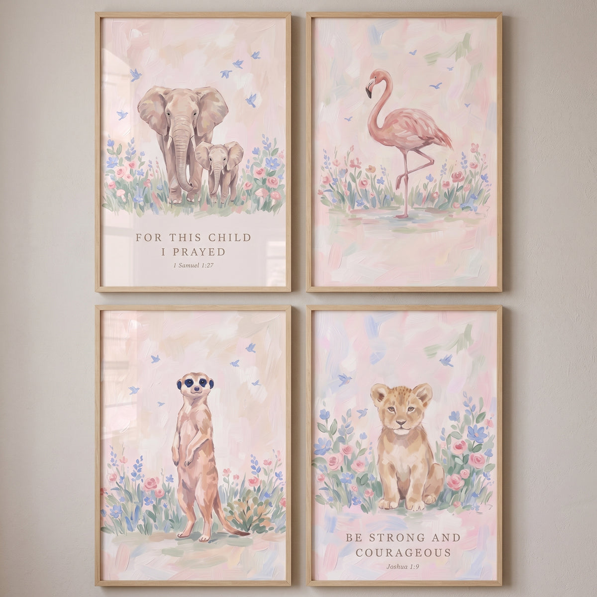 Rose pink safari animals wall art set of 4 with elephant, flamingo, meerkat, and lion cub featuring scripture verses.