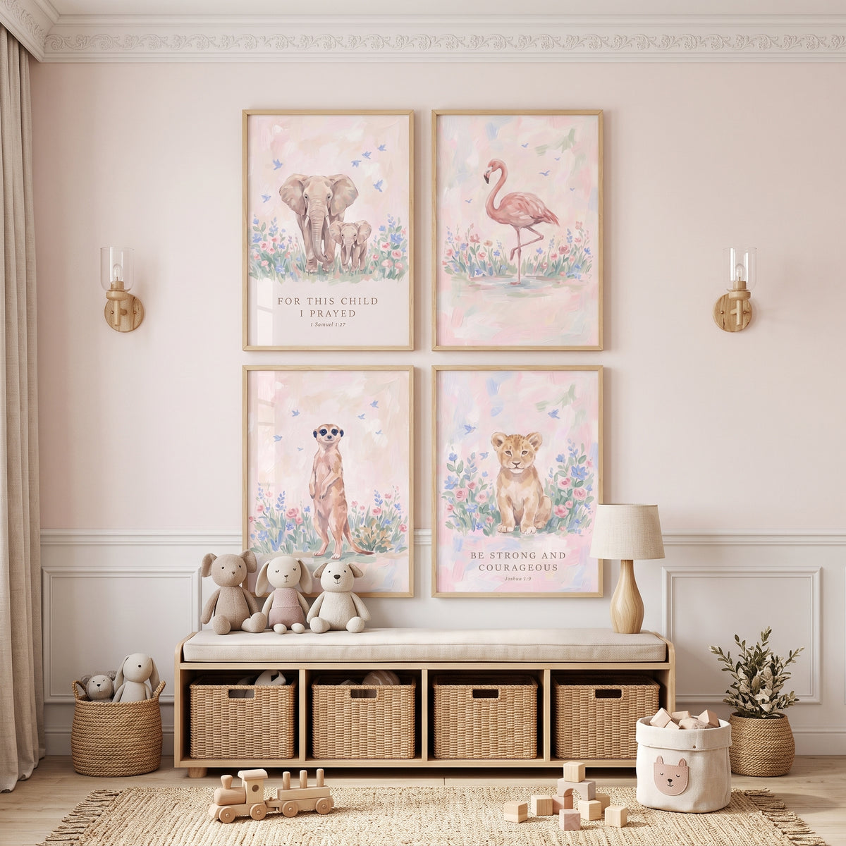 Rose Pink Safari Animals Wall Art Set Of 4 - Safari Faith Prints