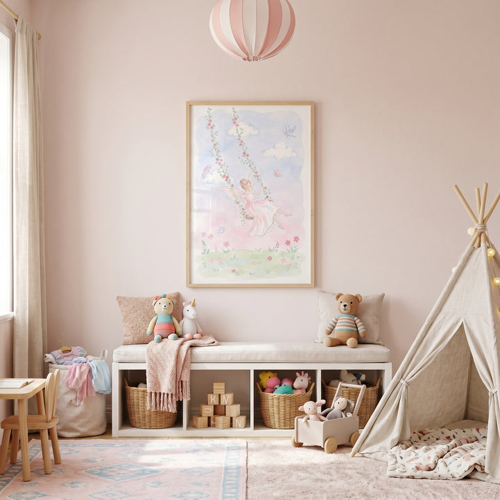 Soft pink playroom with a toy storage bench, a canvas teepee, and rose swing fairy wall art centered on the wall.