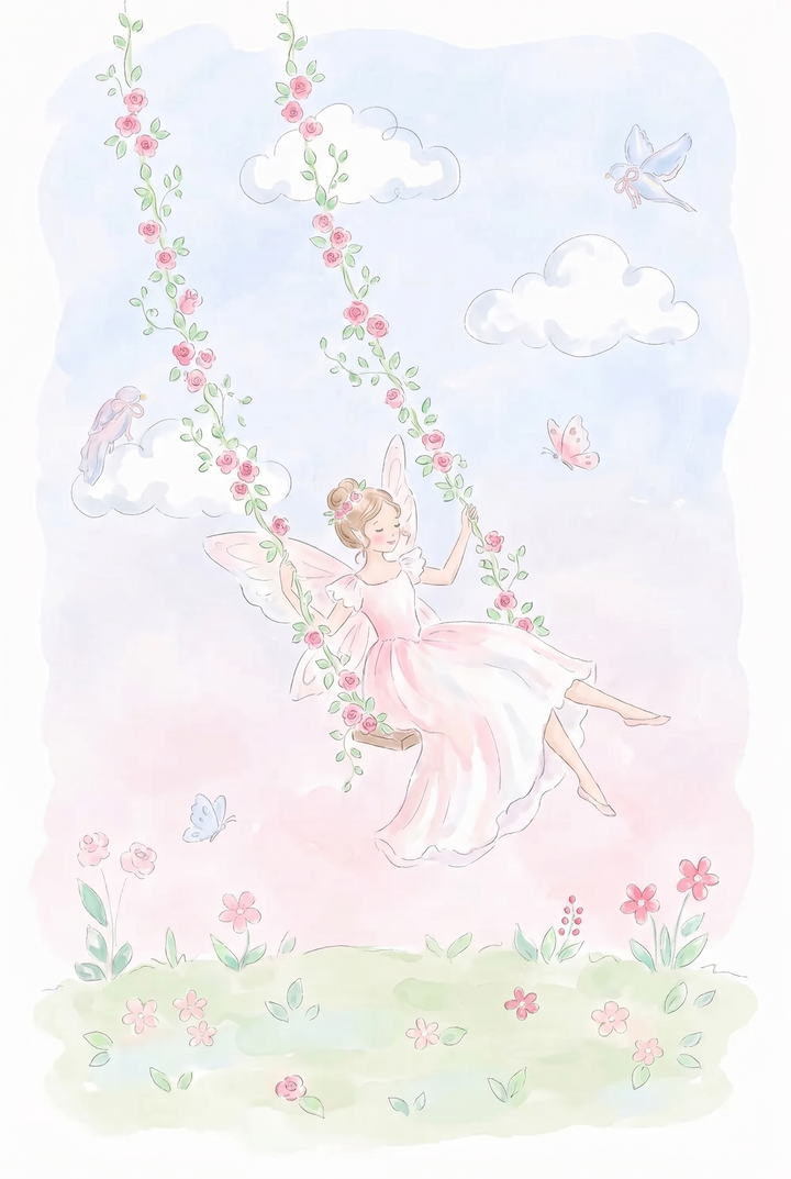 Watercolor rose swing fairy wall art featuring a fairy in a pink dress on a vine swing in a pastel sky with flowers.