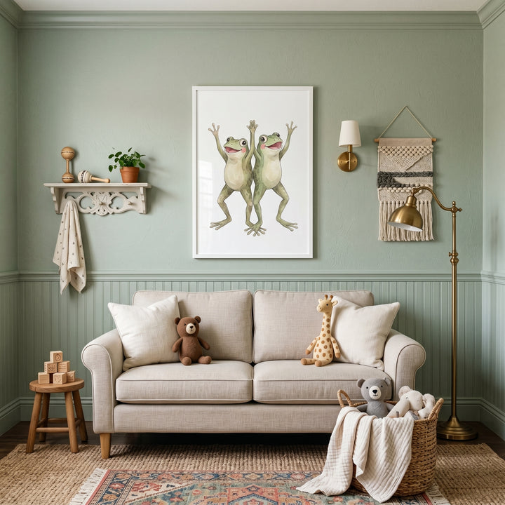 Rosy cheek cheering frogs wall art hangs above a beige sofa in a cozy sage green nursery with soft stuffed animals.
