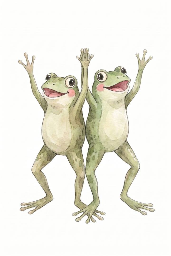 Watercolor rosy cheek cheering frogs wall art of two green frogs standing with arms raised and happy expressions.