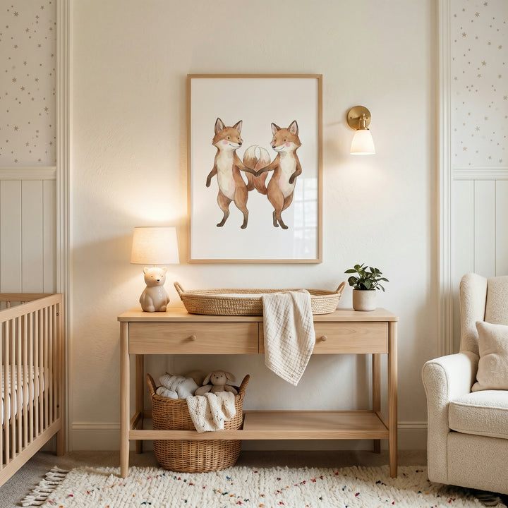 Neutral nursery with wood furniture, a crib, and a rosy cheek dancing fox print on the wall above a changing table.