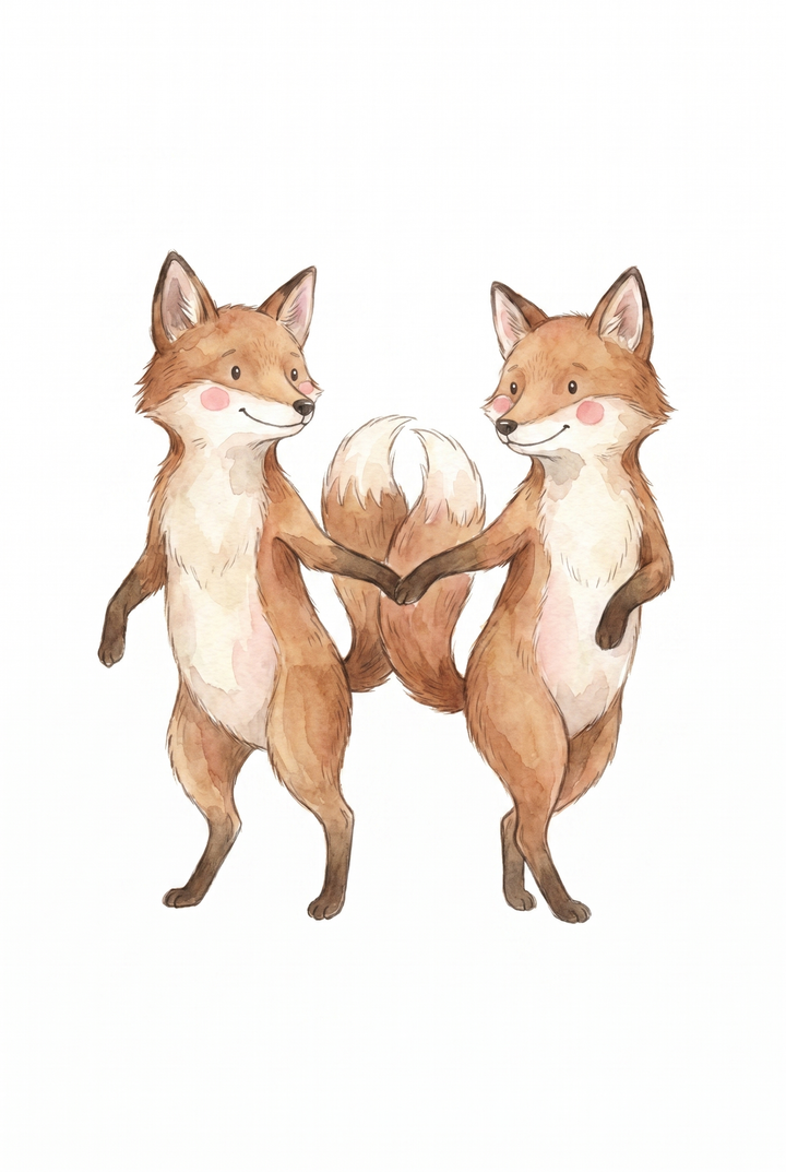 Two watercolor foxes dance together in this rosy cheek dancing fox print.