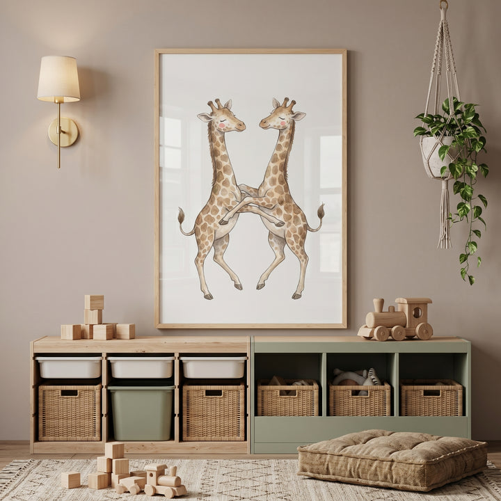 Rosy cheek dancing giraffes wall art above storage units with wooden toys, a macrame plant, and a floor cushion.