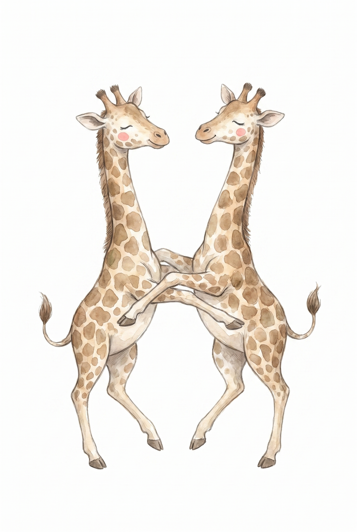 Watercolor rosy cheek dancing giraffes wall art with front legs overlapping on a white background.