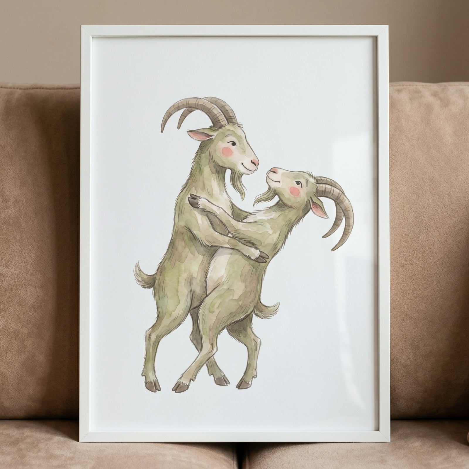 Two goats dance on their hind legs in this framed rosy cheek dancing goats wall art illustration.