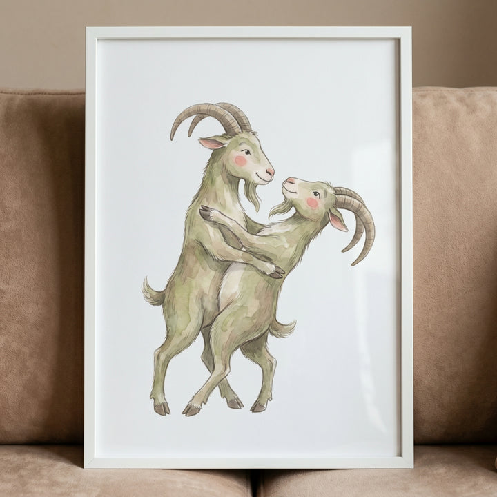 Two goats dance on their hind legs in this framed rosy cheek dancing goats wall art illustration.