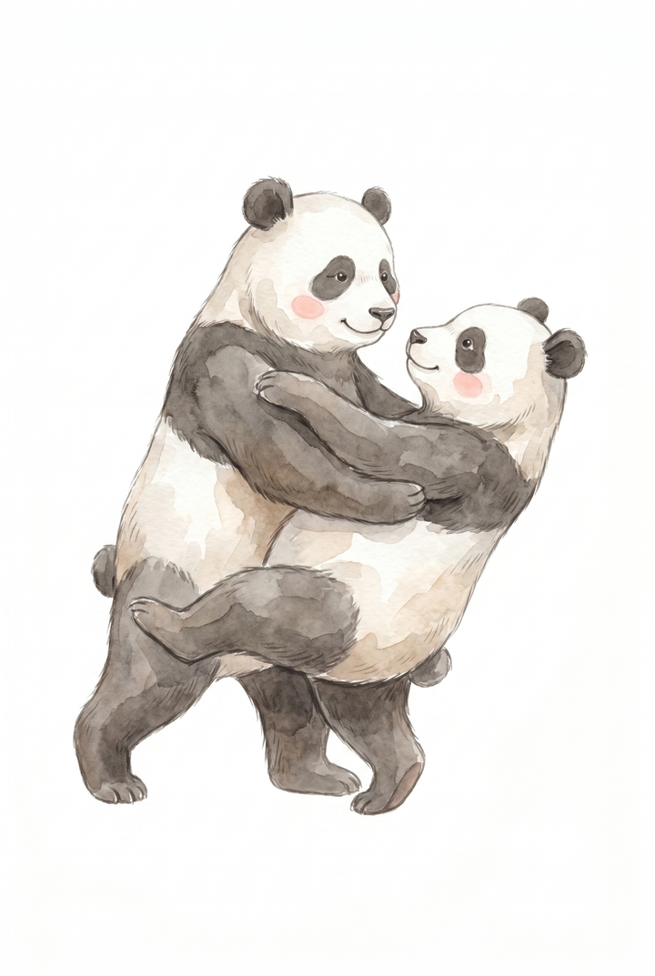 Two watercolor pandas dance in this rosy cheek dancing panda artwork against a plain white background.