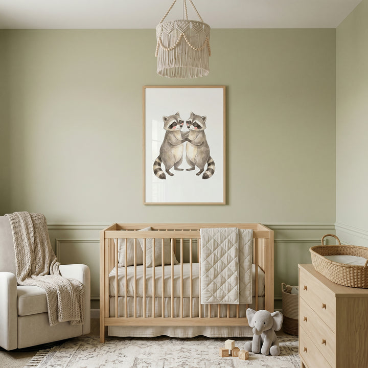 Sage green nursery with a wood crib, neutral chair, and rosy cheek dancing raccoons wall art. Macrame light hangs above.
