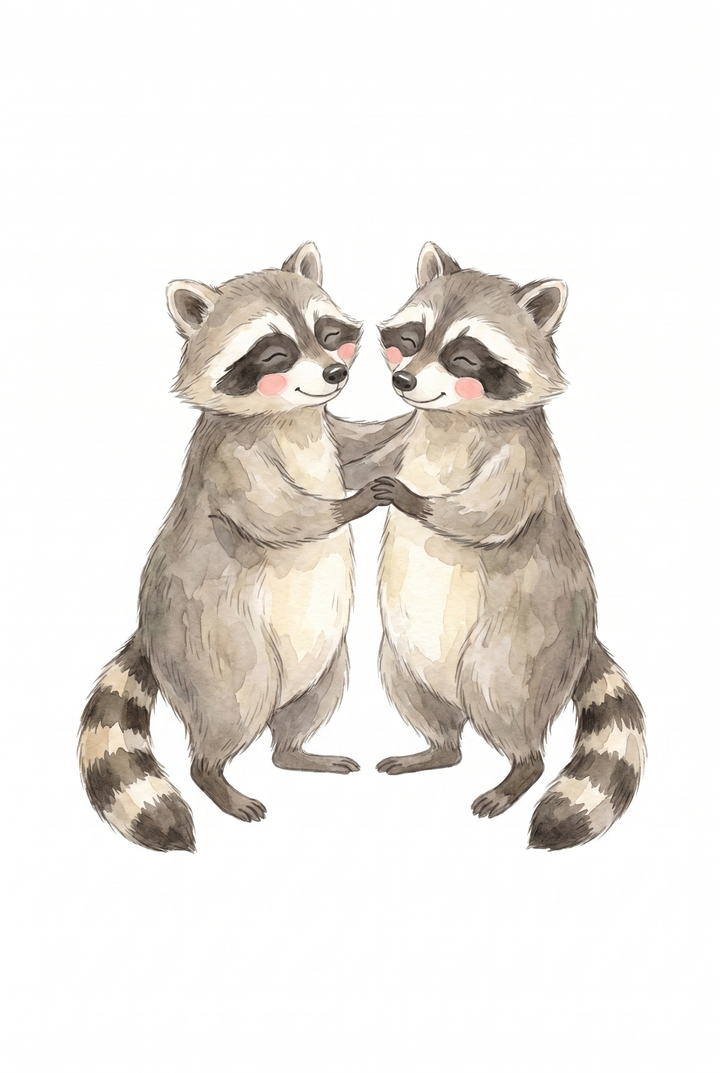 Watercolor style rosy cheek dancing raccoons wall art holding paws and smiling on a white background.