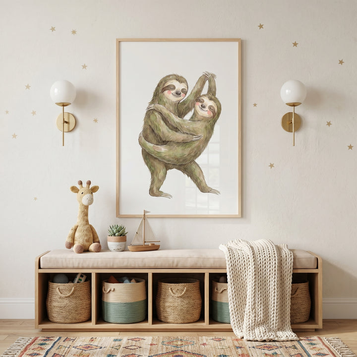 Nursery with a rosy cheek dancing sloth print, wall sconces, a toy giraffe, and a bench filled with storage baskets.