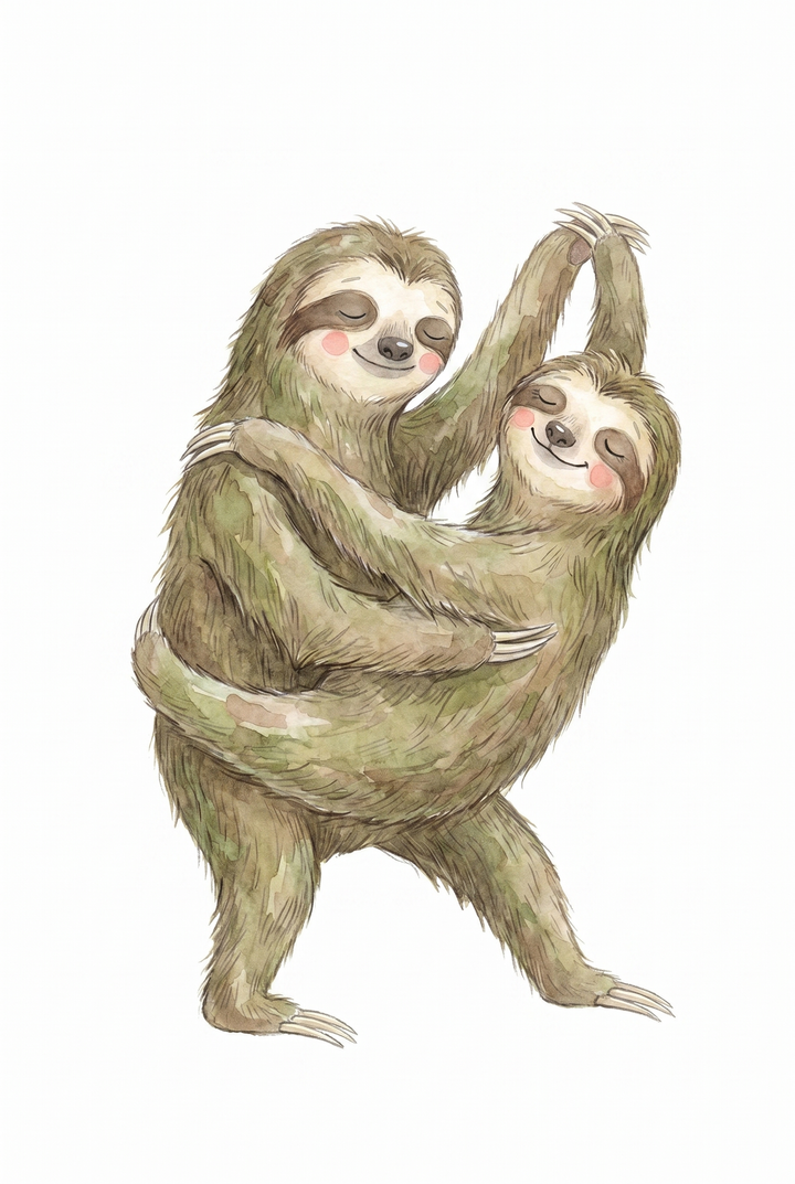 Watercolor rosy cheek dancing sloth print featuring two smiling sloths in a joyful embrace on a white background.