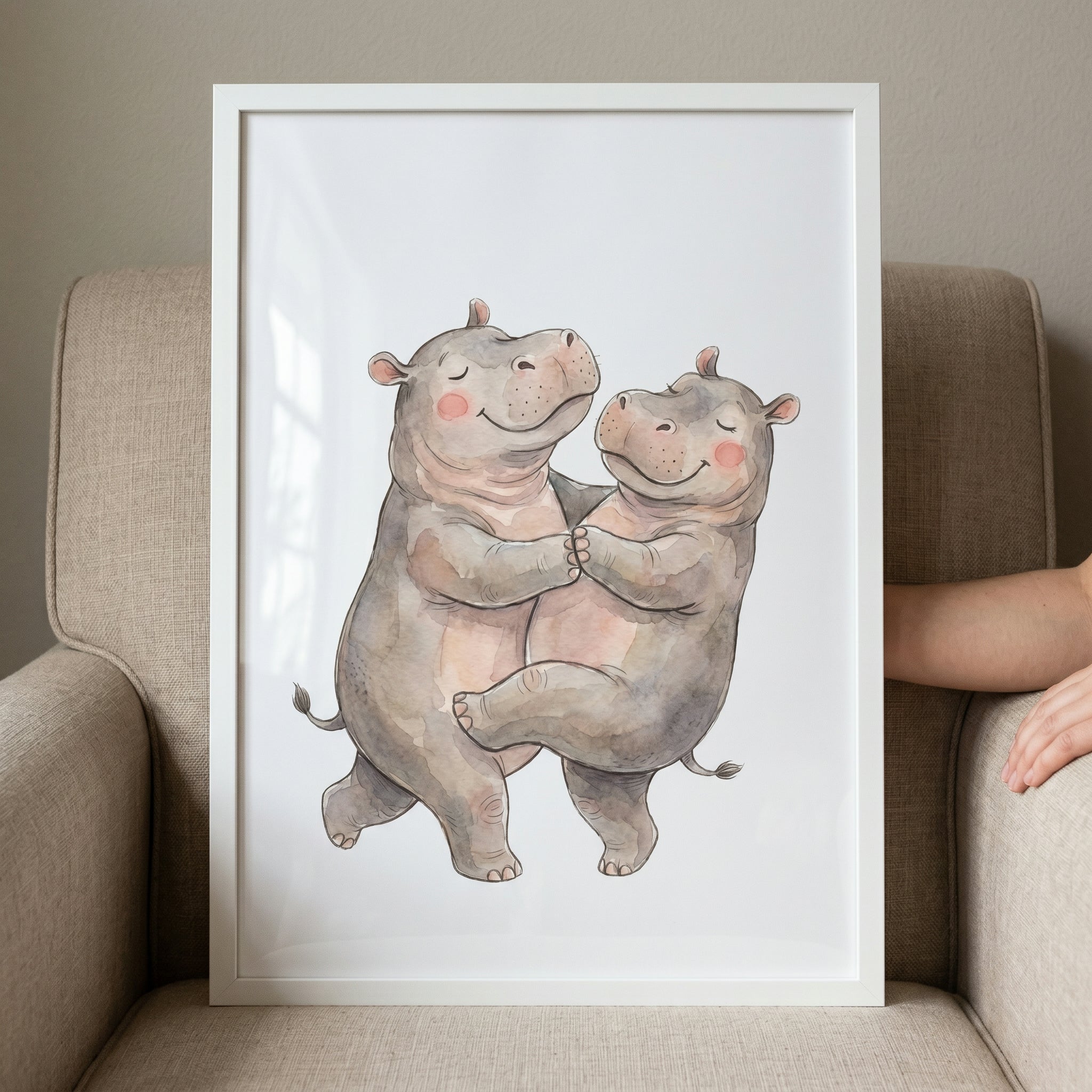 Rosy Cheek Hugging Hippo Wall Art - Dancing Hippo Duo