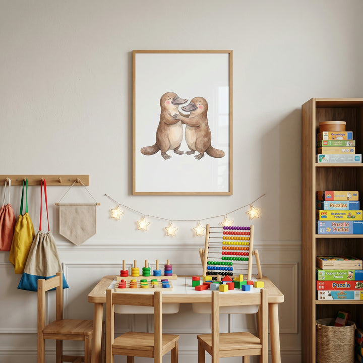 Rosy cheek hugging platypus wall art hangs above a wooden table with toys, star lights, and a tall wooden bookshelf.