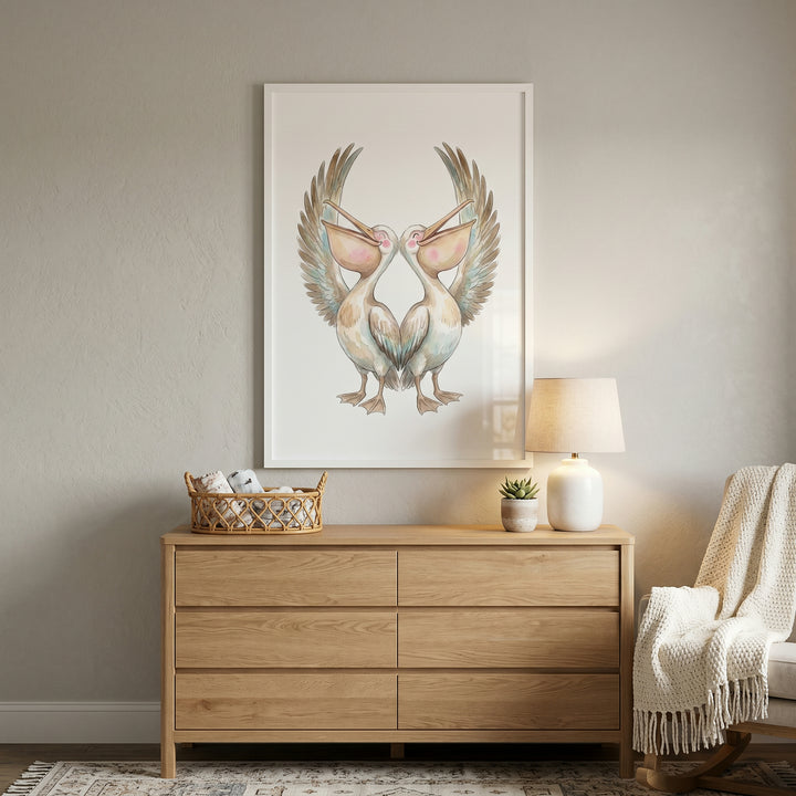 Rosy cheek singing pelicans artwork hangs above a light wood dresser next to a lamp and chair in a neutral room.