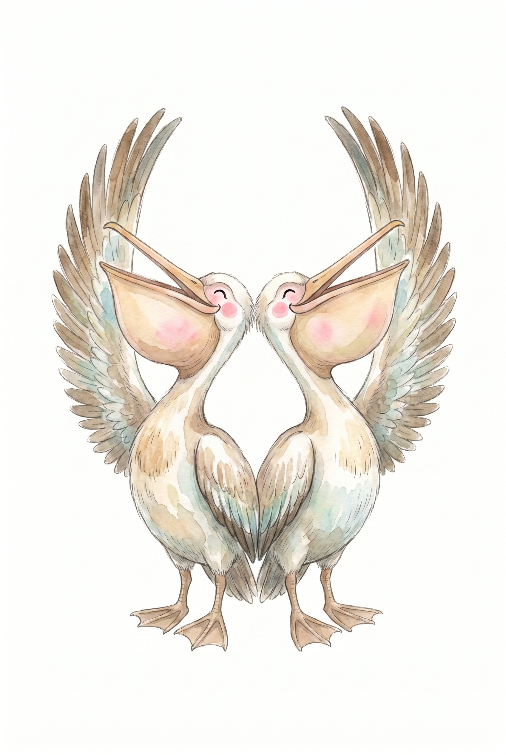 Rosy Cheek Singing Pelicans Artwork - Cheerful Pelican Pair
