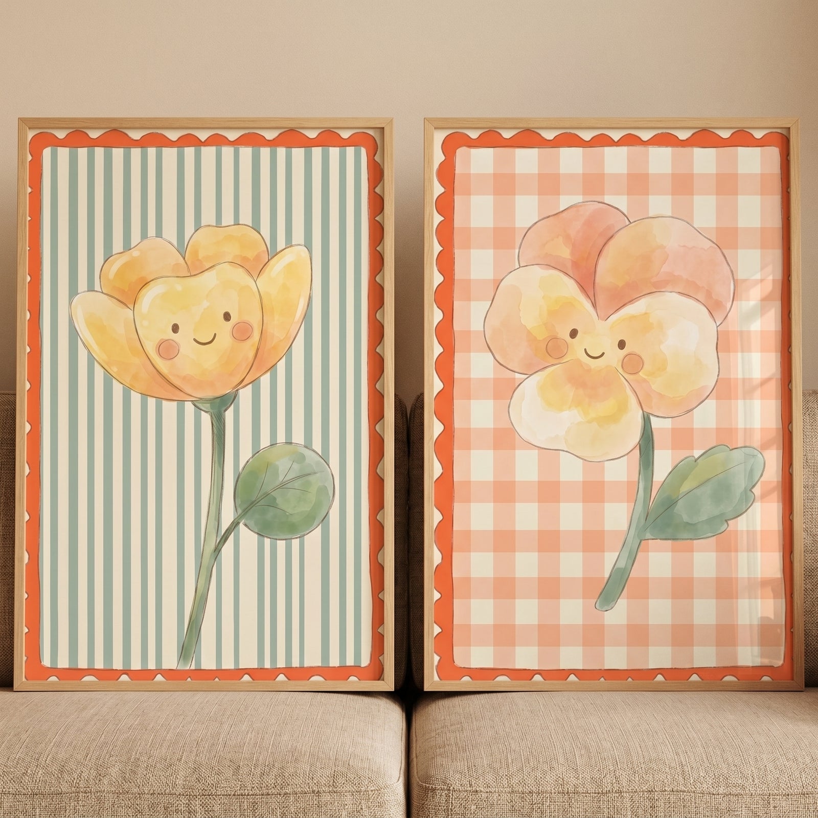 Rosy cheek smiling flower wall art set of 2 featuring watercolor blossoms on striped and checkered backgrounds.