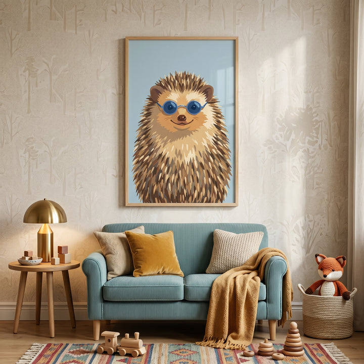 Round blue shades hedgehog artwork hangs above a blue sofa in a nursery with wooden toys and a plush fox.