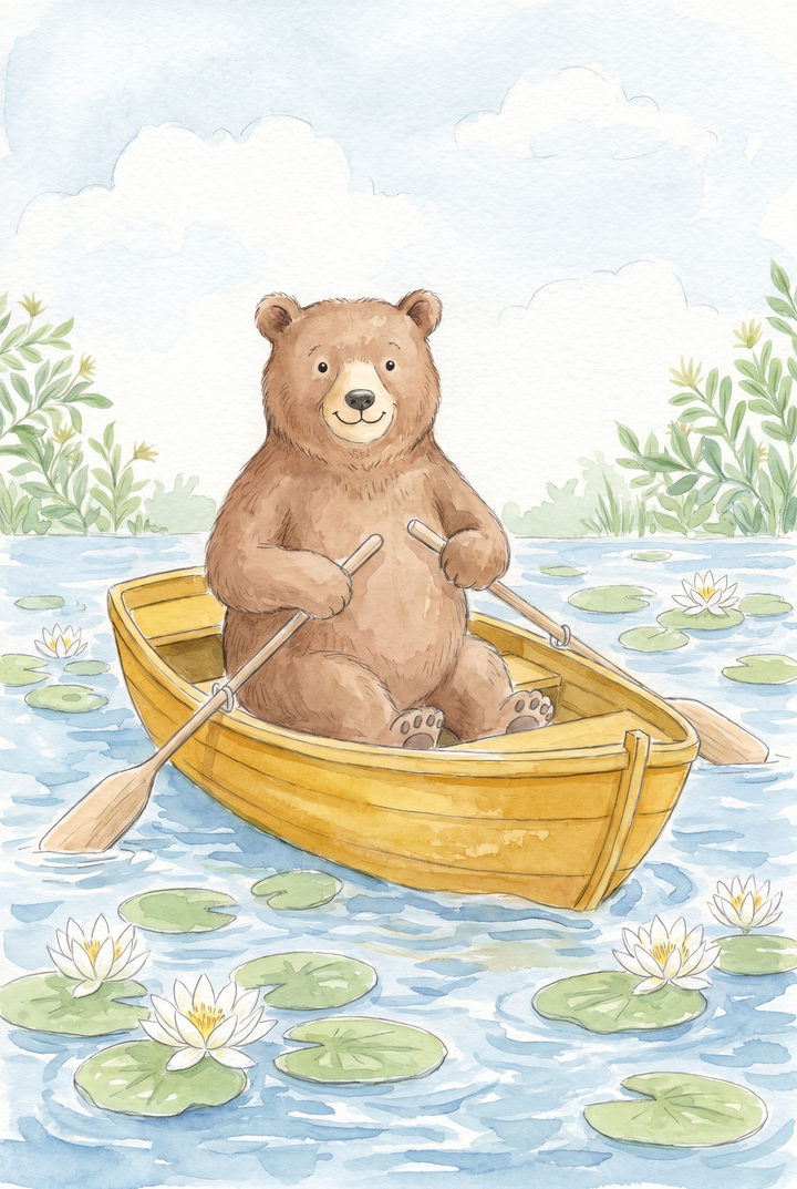Watercolor rowing yellow boat bear wall art of a brown bear sitting in a boat on a pond with white water lilies.