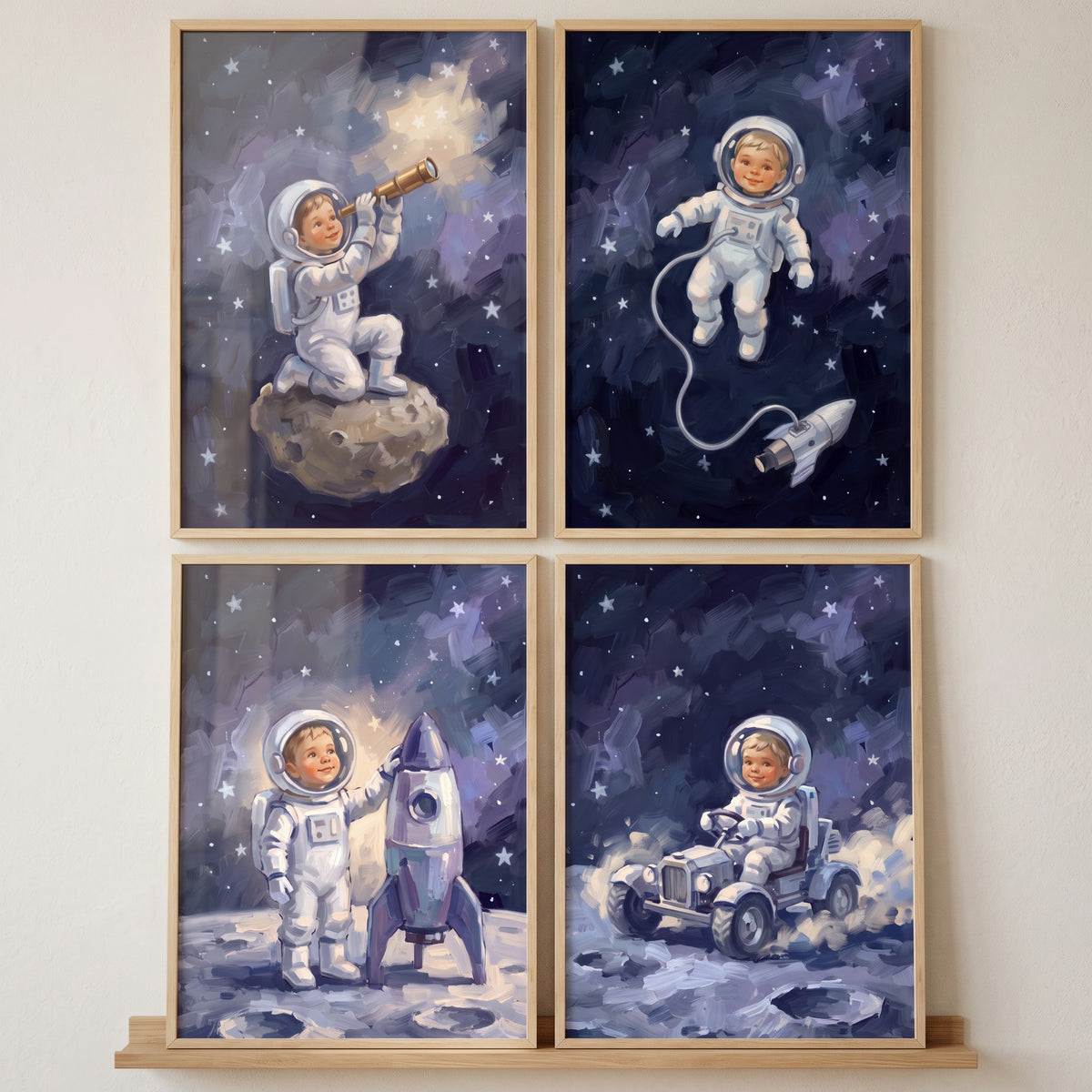 Royal blue toddler astronaut wall art set of 4 shows a child in space suits with stars, rockets, and a moon rover.
