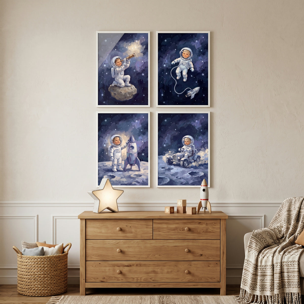 Royal Blue Toddler Astronaut Wall Art Set of 4 - Tiny Galactic Traveler