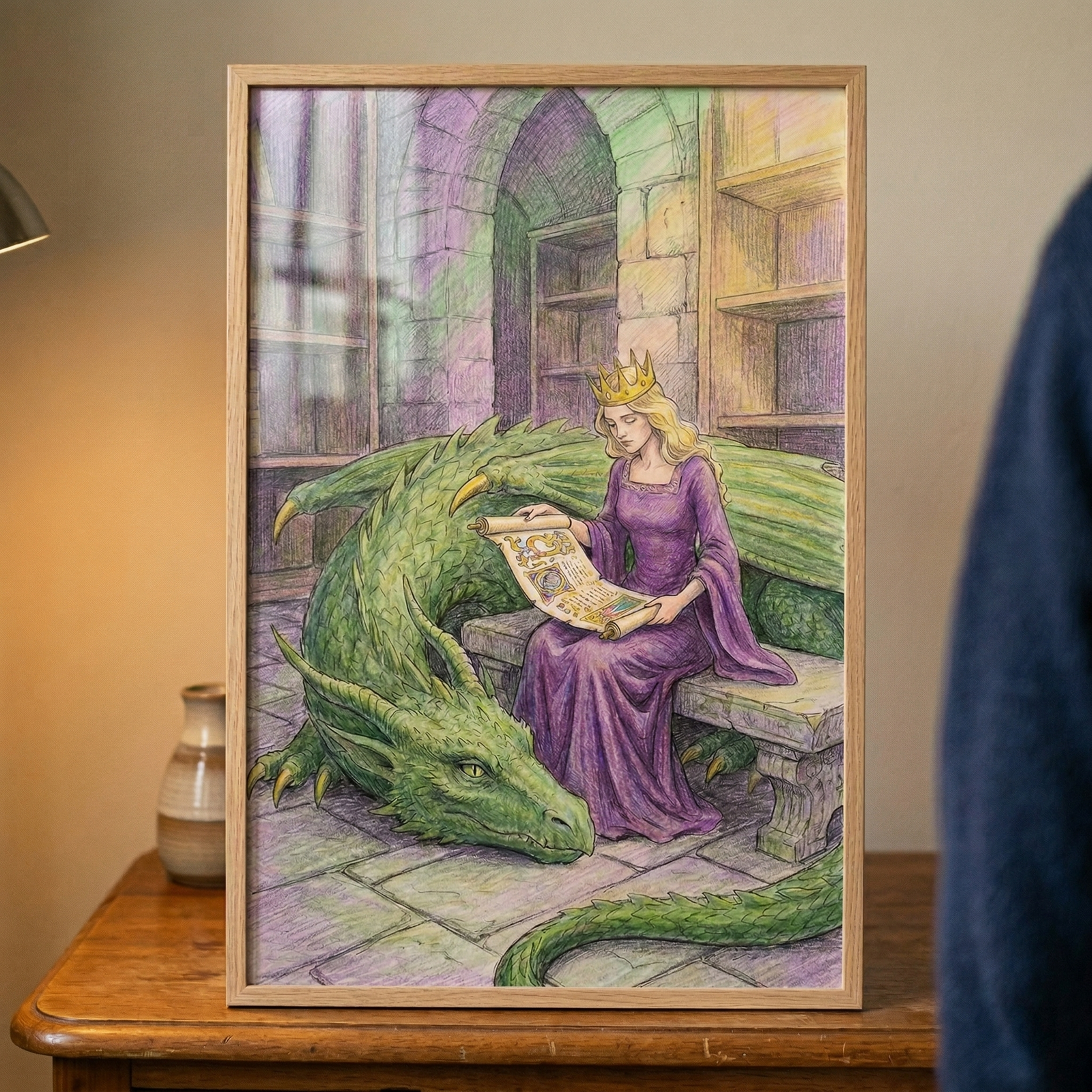 A vertical framed illustration depicts a fantasy scene within a stone library. A woman with long blonde hair and a golden crown sits on a stone bench, wearing a long, elegant purple gown. She is focused on reading a parchment scroll held in both hands. Resting beside her is a large green dragon with textured scales and small horns. The dragon's head lies on the stone floor while its body curls around the bench. The background shows arched stone walls and wooden shelves. The artwork uses a fine-line, cross-h