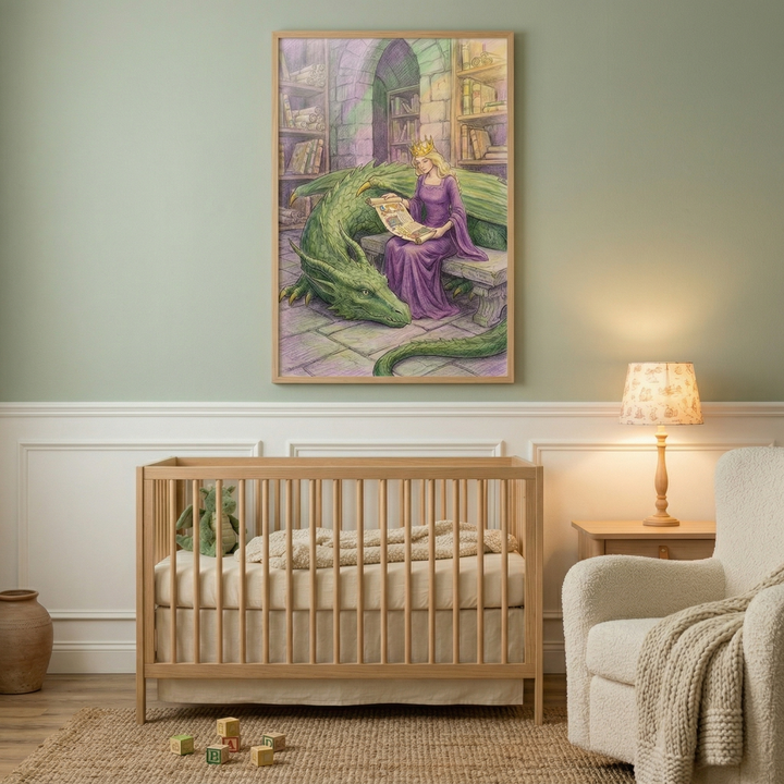 A framed illustration hangs on a soft green wall, centered above a light wooden crib. The artwork depicts a figure wearing a golden crown and a flowing purple gown, seated on a stone bench in a library setting. This figure is reading from a scroll while a large green dragon rests nearby.
The room is a nursery with a peaceful atmosphere. The crib below the wall art is made of natural-toned wood and holds a cream-colored blanket and a small green plush toy.