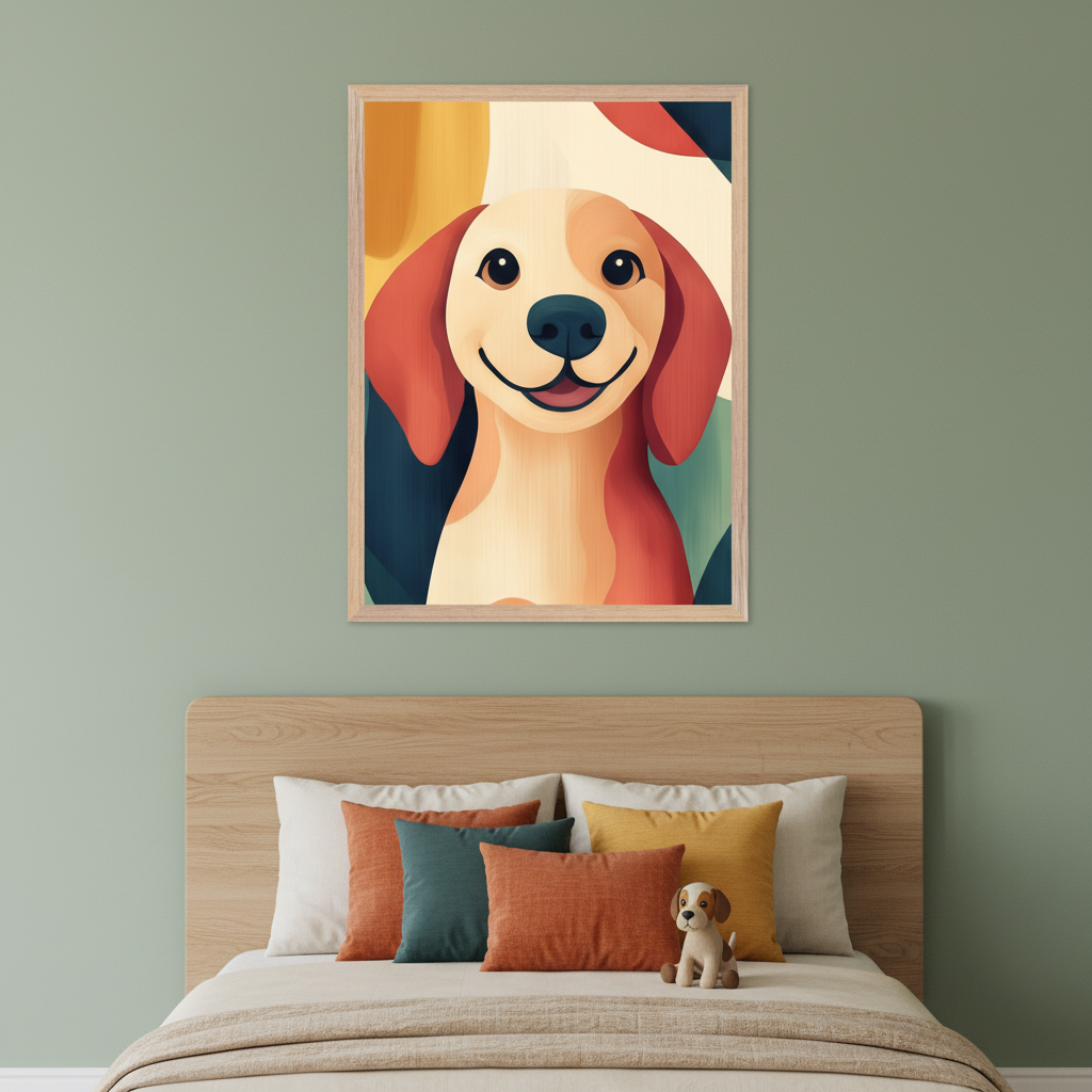 Modern bedroom with sage green walls. A wooden bed with a headboard and colorful pillows sits below a framed illustration of a smiling brown and white puppy with an abstract, colorful background, centered above the bed. A small puppy plushie is on the bed.
