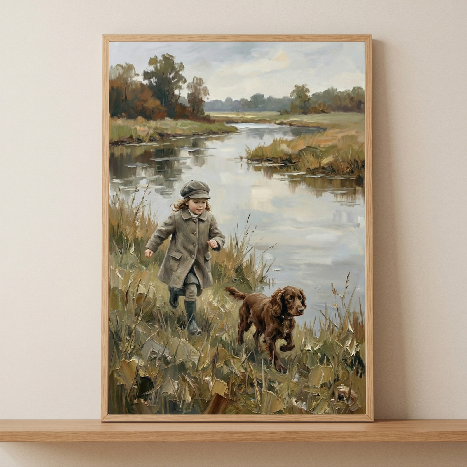 Running brown spaniel dog wall art depicts a brown spaniel in tall grass beside a river with distant trees and clouds.