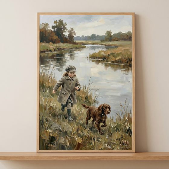 Running brown spaniel dog wall art depicts a brown spaniel in tall grass beside a river with distant trees and clouds.