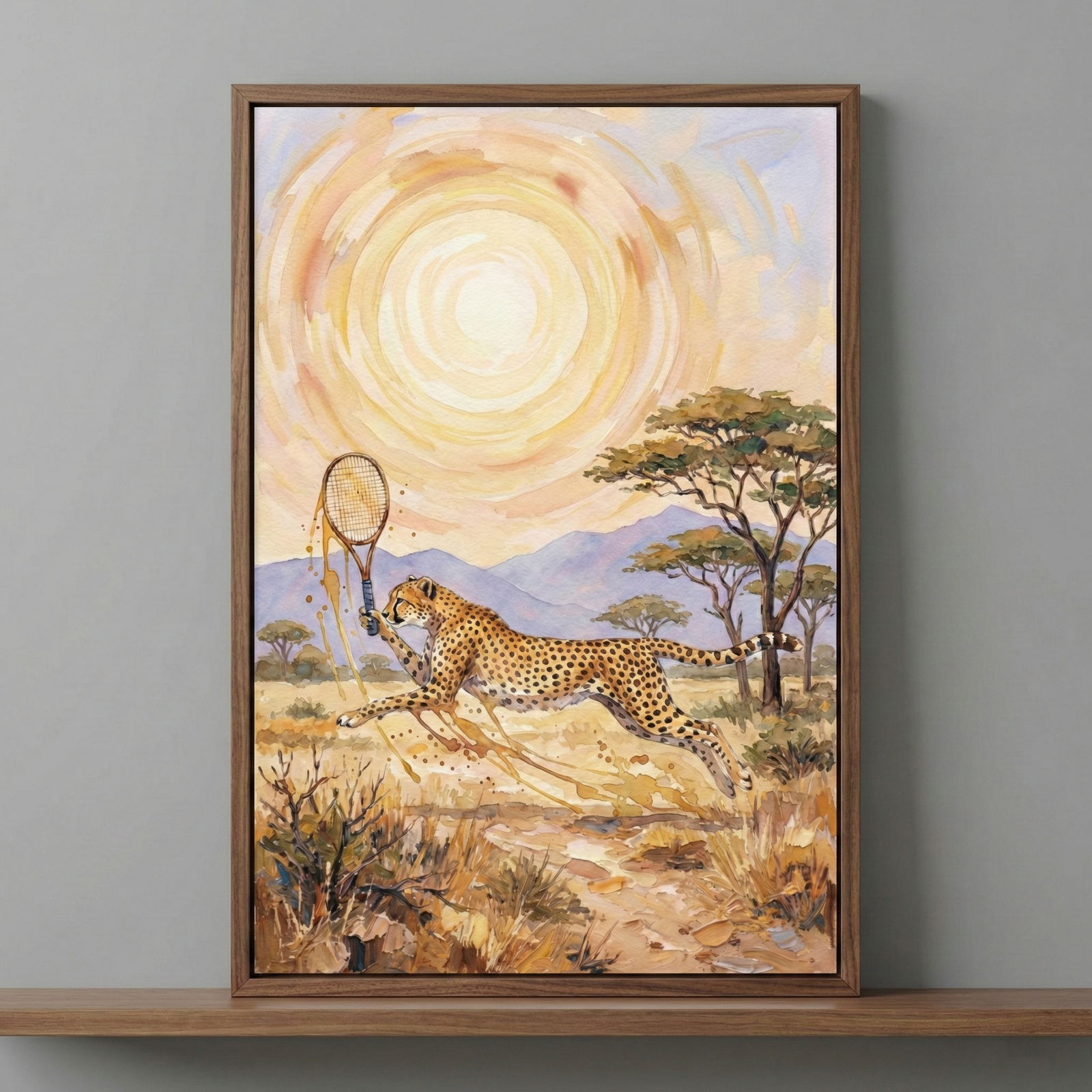 A vertical piece of artwork in a slim wooden frame sits on a shelf. It depicts a cheetah sprinting across a savanna while holding a tennis racket in its front paw. The cheetah is caught mid-stride, with abstract splashes of yellow and brown trailing behind to suggest speed. Above the animal, a large sun is rendered with soft, concentric circles filling the warm sky. The landscape features iconic flat-topped trees and distant blue mountains. The style uses expressive, layered brushwork.