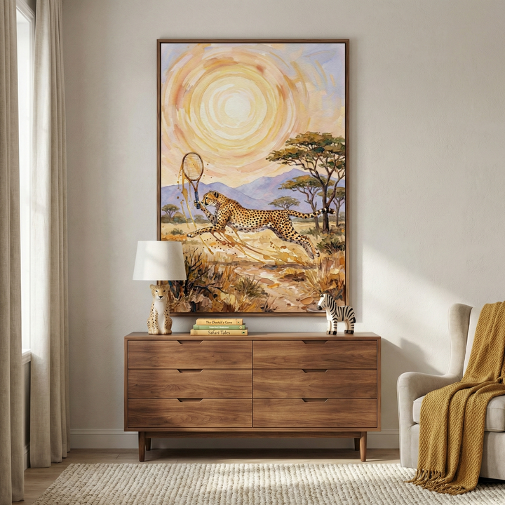 A large vertical artwork hangs on a light-colored wall above a wooden six-drawer dresser. The artwork shows a cheetah sprinting through a savanna with a tennis racket in its mouth, under a large, layered sun. On the dresser are a cat-shaped lamp, a stack of books, and a small zebra figurine. To the right, a neutral armchair has a yellow knit blanket draped over it. A textured rug is on the floor, and white curtains hang to the left.