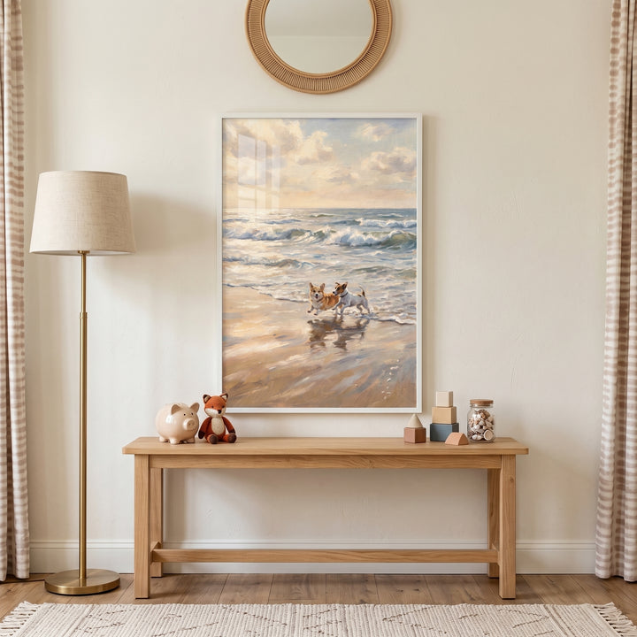 Running coastal beach corgi dog wall art above a wooden bench with toys, a floor lamp, and a round wall mirror.