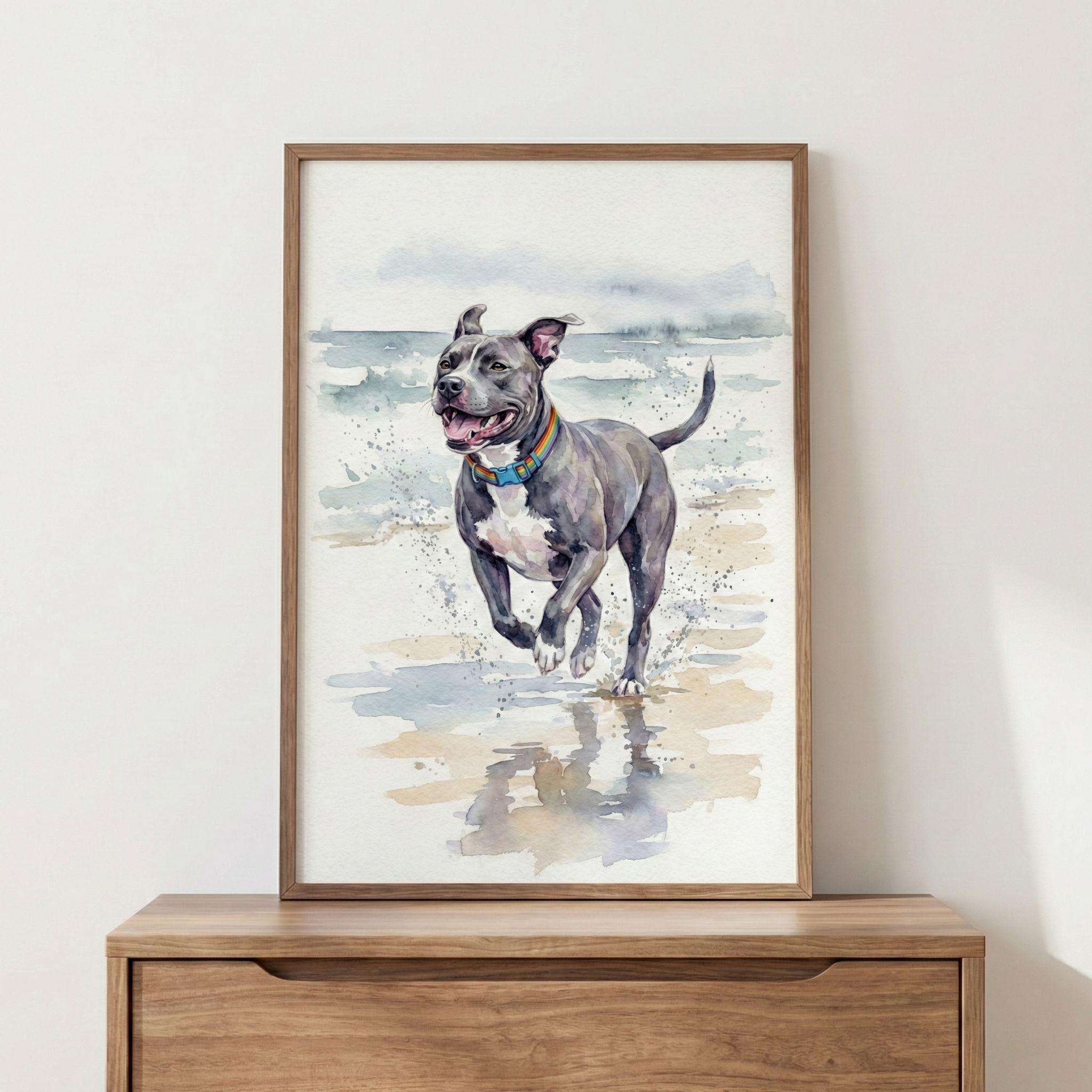A framed watercolor illustration of a grey and white dog running joyfully through shallow water on a beach. The dog has an excited expression and wears a vibrant, multicolored collar. Soft washes of blue and tan create the sea and sand, with delicate splashes of water depicted around the dog's paws and a faint reflection visible in the wet sand. The artwork is presented in a slim wooden frame, resting on a light brown wooden dresser against a plain white wall.