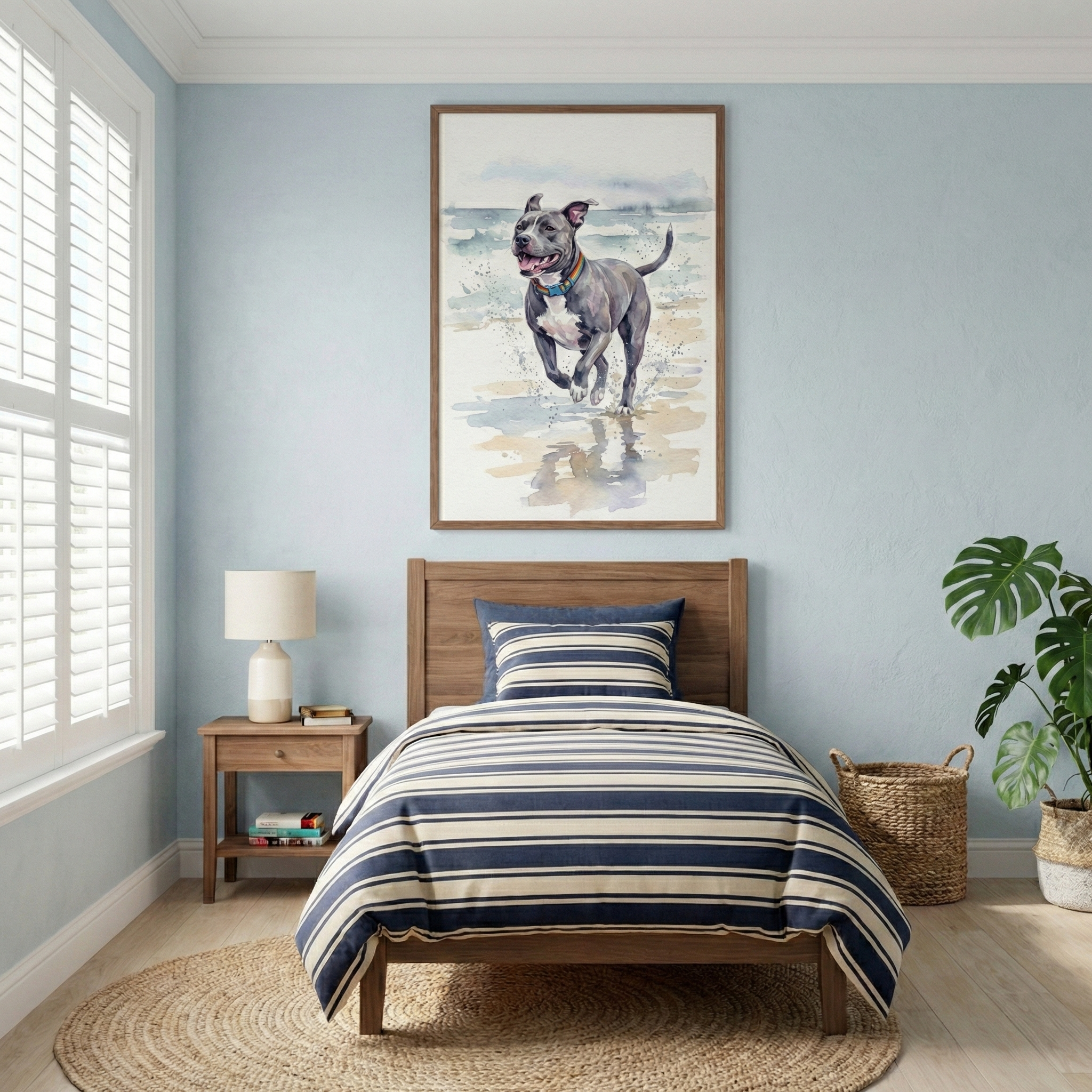 Framed watercolor style wall art of a gray dog wearing a rainbow collar running happily along a sandy beach with ocean waves splashing behind it. The playful seaside scene hangs above a wooden bed with blue striped bedding, adding a fresh coastal feel to a bright and airy bedroom.