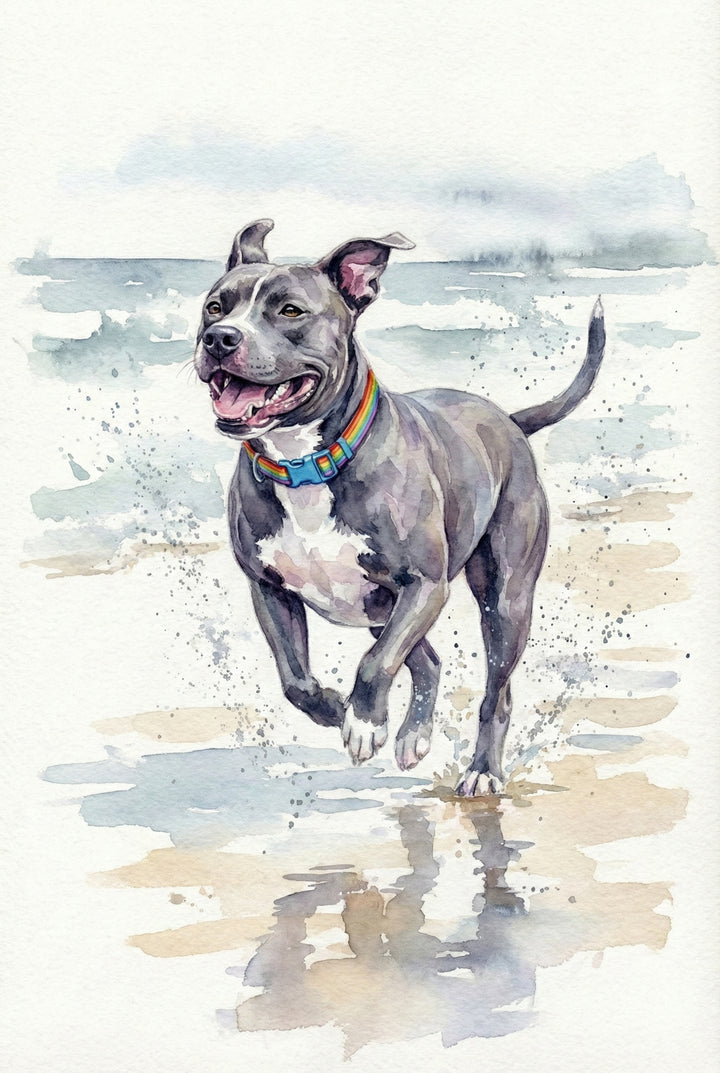 A vibrant watercolor illustration of a grey and white pit bull-type dog running joyfully along a beach. The dog has a wide, happy expression with its mouth open and tongue out. It wears a bright rainbow-striped collar. Water splashes around its paws as it trots through the shallow surf, creating a soft reflection on the wet sand. The background features light blue ocean waves and a pale, hazy sky, all rendered with delicate, fluid brushstrokes and splatters of color.