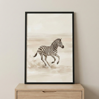 This image features a framed artwork depicting a zebra in motion. The animal is shown galloping across a minimalist landscape, with soft dust clouds beneath its hooves to suggest speed. The illustration uses a muted color palette of beige, cream, and brown tones, creating a calm and natural aesthetic. 

